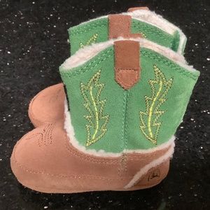 John Deere baby boy Size 2 soft sole leather upper boots, preowned